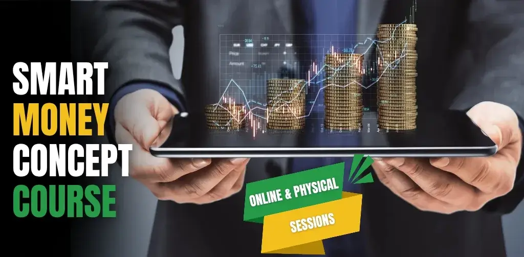 Promotional banner for GS Trainings (gstrainings.com) featuring a person in a suit holding a tablet displaying stacks of gold coins growing taller alongside an upward-trending stock chart with candlestick patterns, overlaid with bold text "SMART MONEY CONCEPT COURSE" in white and green, and a yellow-green badge highlighting "ONLINE & PHYSICAL SESSIONS